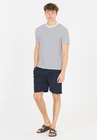 Randig kortärmad T-shirt i vitt och marinblått, i kombination med marinblå shorts. Modellen bär bruna slidesandaler. Minimalistisk design, avslappnad stil.