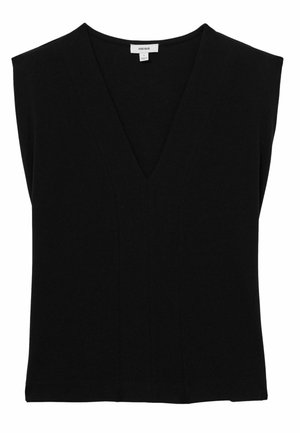 Sort ærmeløs top i blødt stof, der har en dyb V-udskæring og et struktureret design med syede detaljer foran.