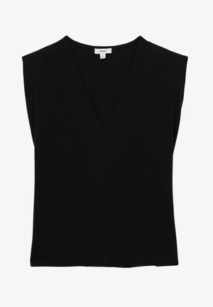 Top negro sin mangas hecho de tejido suave, con un escote en V profundo y un diseño estructurado con detalles cosidos a lo largo del frente.