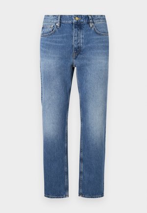 Blauwe denim jeans met een rechte pijp, lichte wassing, klassieke vijf-pocket stijl en een sluiting met voorknop.