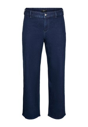 Jean bleu foncé droit avec passants de ceinture, bouton à l'avant et fermeture éclair visibles sur fond blanc.