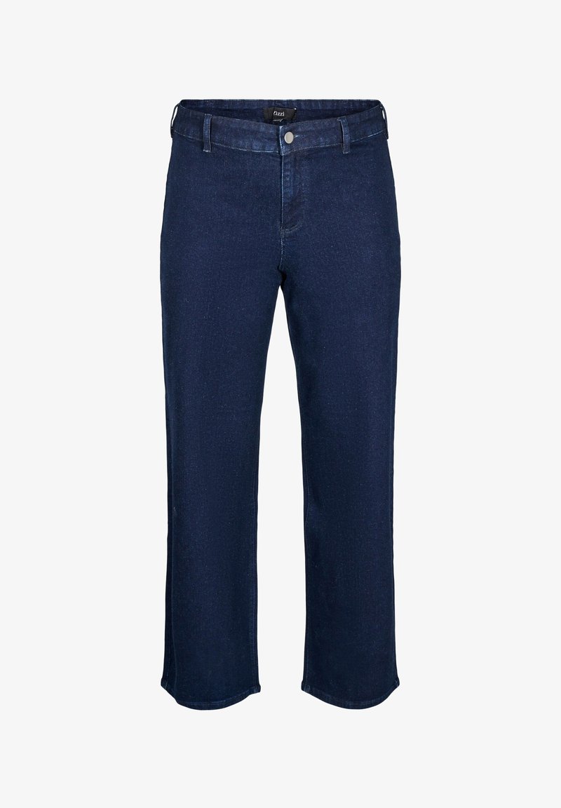 Jean bleu foncé droit avec passants de ceinture, bouton à l'avant et fermeture éclair visibles sur fond blanc.
