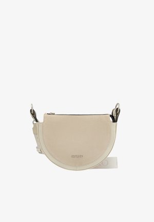 Okrągła torebka na ramię z beżowej i kremowej skóry, wyposażona w zamek błyskawiczny, regulowany pasek oraz detal z logo na przedniej stronie.