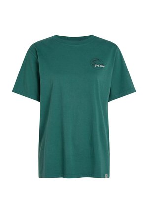 Zelené bavlněné tričko s krátkými rukávy, žebernatým kulatým výstřihem a malým kulatým motivem na hrudi s nápisem „Surf's Up“.