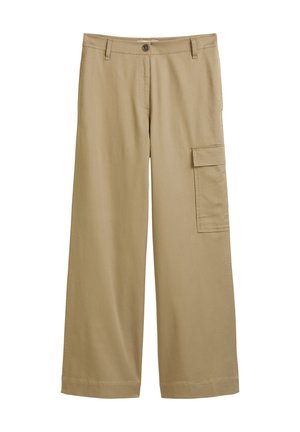 Beige wide-leg pants made of cotton blend, featuring a front button closure, belt loops, and a side cargo pocket with flap detail.