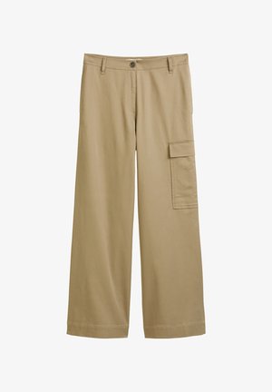 Beżowe spodnie szerokie z bawełnianej mieszanki, z przodu zapinane na guzik, z paskiem w szlufkach oraz boczną kieszenią cargo z klapką.