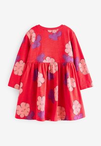 Rochie roșie cu mâneci lungi, cu modele mari de flori roz și mov, talie strânsă și decolteu rotund. Material din bumbac moale.
