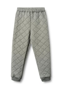 Šedé prošívané kalhoty s diamantovým vzorem, elastickým pasem a manžetami pro těsné padnutí. Měkká textura zvyšuje pohodlí.