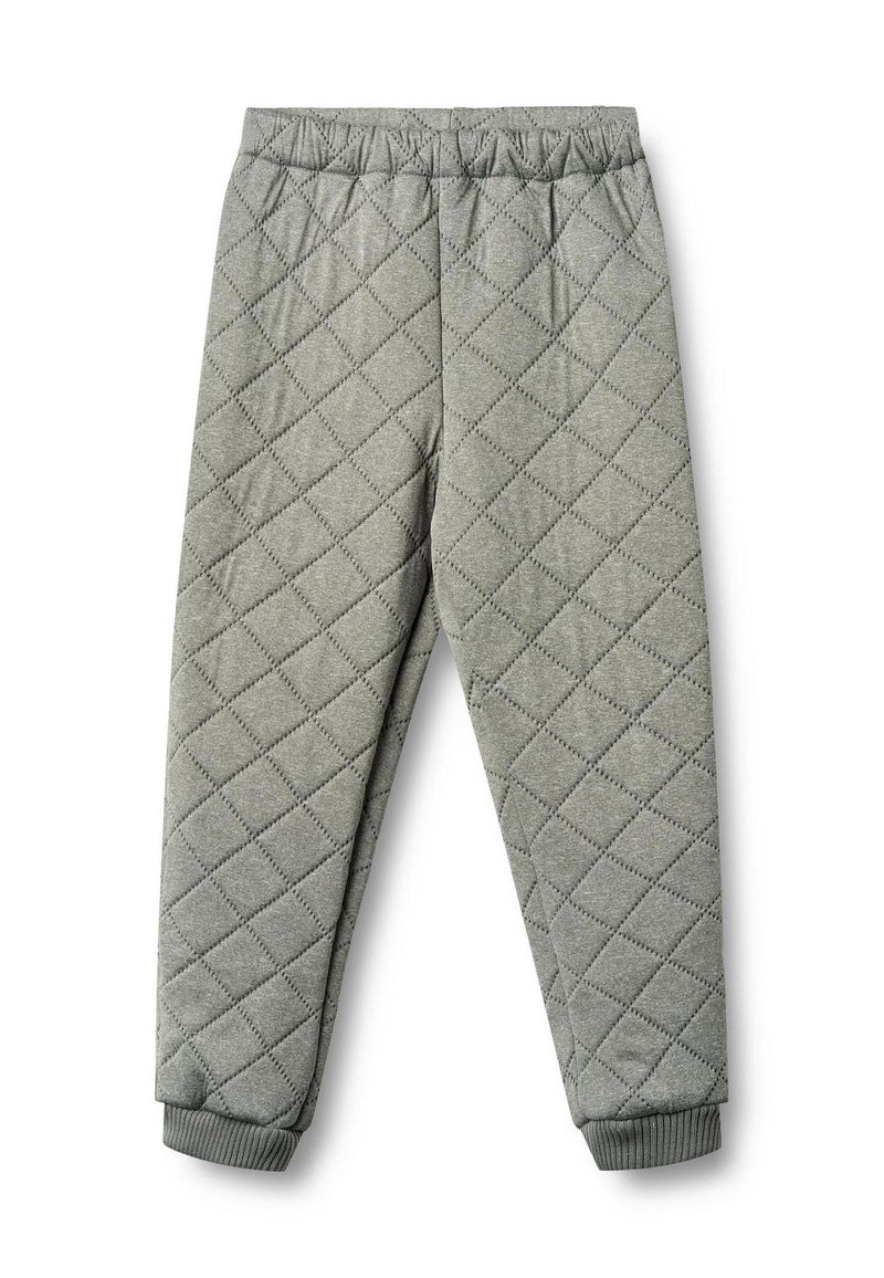 Šedé prošívané kalhoty s diamantovým vzorem, elastickým pasem a manžetami pro těsné padnutí. Měkká textura zvyšuje pohodlí.