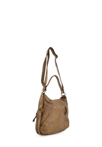 Brown leather shoulder bag with a textured finish, an adjustable strap, and a front zip pocket. Features gold-tone hardware accents.