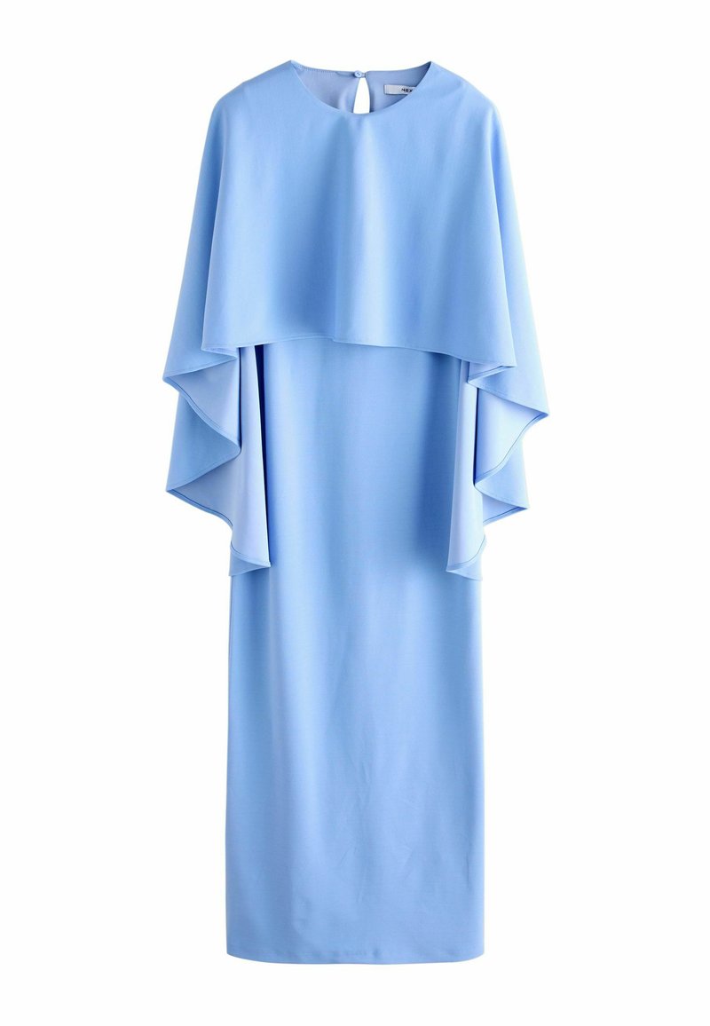 Šviesiai mėlynas suknelė, pagaminta iš lygios medžiagos, su sluoksniuotu apykaklės dizainu ir skylute nugaroje. Ilgas, tiesus siluetas.