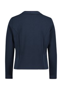 T-shirt à manches longues bleu marine avec col, texture lisse, design ajusté et détails de couture à l'arrière. Couleur unie, simple, sans motifs visibles.