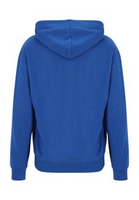 Hoodie in helderblauwe stof. Heeft een zachte textuur, lange mouwen en ribgebreide manchetten en zoom. De achterkant toont geen extra details.