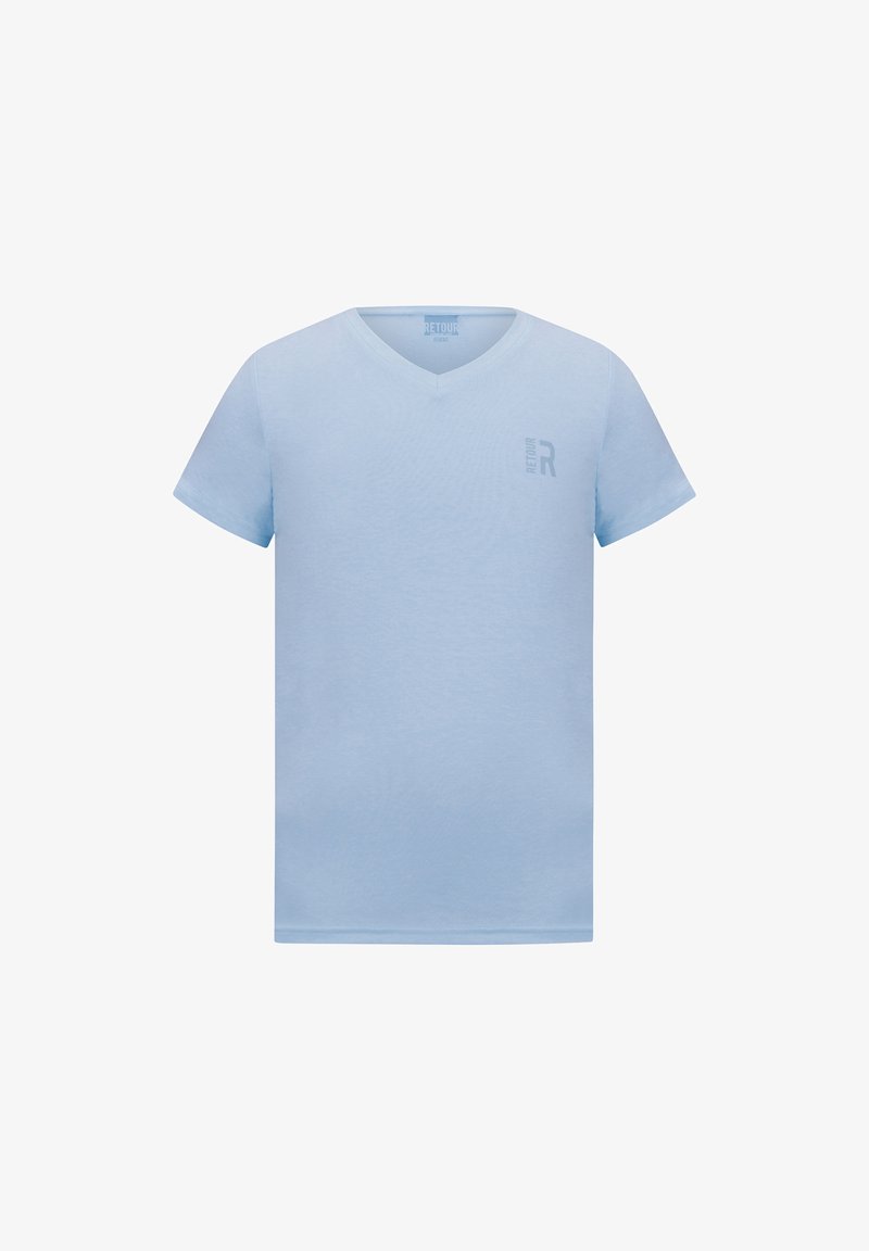 T-shirt azzurro chiaro a maniche corte con design a V. Il materiale sembra liscio con un logo tenue nell'angolo superiore sinistro. Stile semplice e classico.