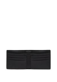 Portefeuille en cuir noir avec plusieurs emplacements pour cartes, texture lisse, design minimaliste et détail de logo en relief sur le devant.