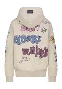 Beige Kapuzenpullover mit buntem Text "Eile nicht, sei glücklich", Blumen, Smiley-Gesichtern und handschriftlichen positiven Botschaften auf dem Rücken und den Ärmeln.