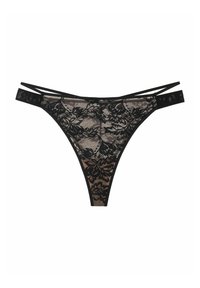 Black lace thong with floral pattern, features thin elastic straps and a sheer mesh design. Delicate texture with a semi-transparent finish.