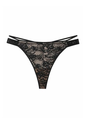 Black lace thong with floral pattern, features thin elastic straps and a sheer mesh design. Delicate texture with a semi-transparent finish.