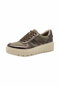 Baskets métalliques en bronze avec une partie supérieure texturée en olive, dotées de lacets élastiques et d'une semelle en caoutchouc beige épaisse avec des rainures verticales.