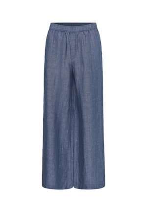 Blue wide-leg linen pants with elastic waistband and subtle front seam details, designed for comfort and casual wear.