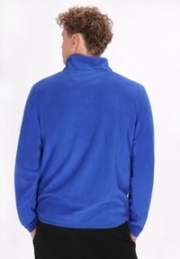Pullover in pile di un vivace colore blu, con colletto alto, maniche lunghe, texture liscia e vestibilità comoda. Nessuna ferramenta o motivo visibile.