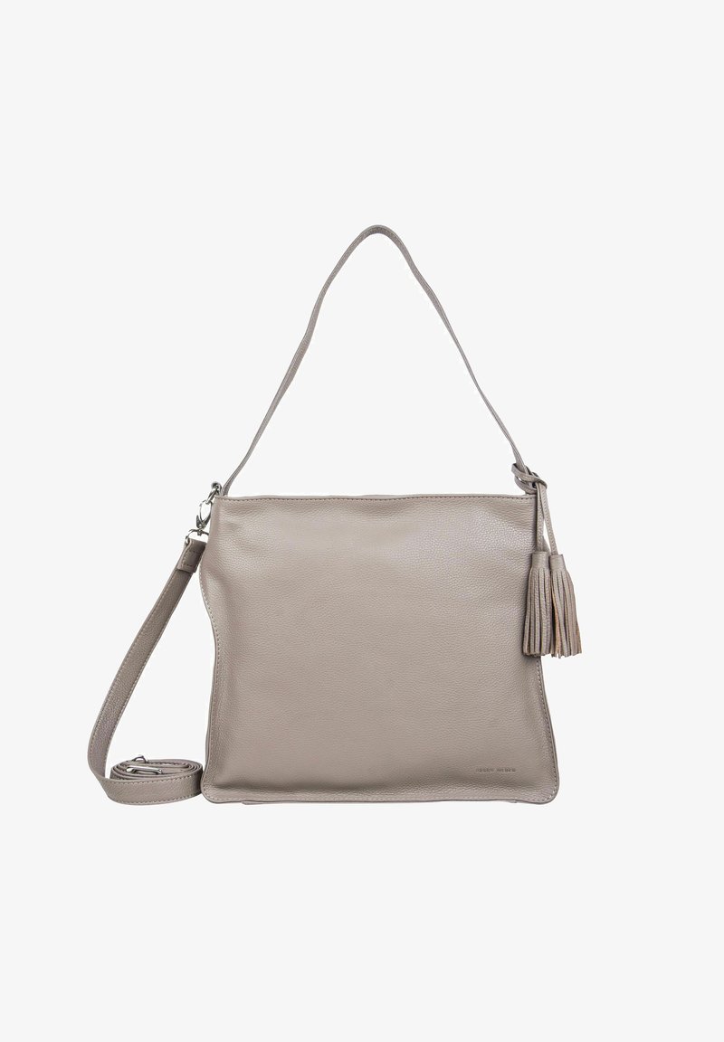 Borsa a spalla in pelle grigia chiara con design piatto, tracolla regolabile e dettaglio con nappina. Texture liscia, stile minimalista.