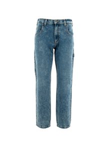Blauwe denim jeans met een vervaagde afwerking, recht model, vijf zakken en een knoopsluiting. Gestikte zoom met lichte rafeling.