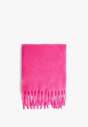 Vaaleanpunainen huivi, joka on valmistettu pehmeästä materiaalista ja jossa on harkittua tekstuuria antavat hapsureunat. Suorakulmainen muoto, jossa on sileä pinta ja tasainen väri.