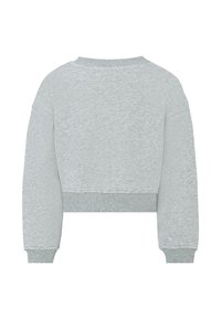 Sweatshirt gris court avec manches longues, poignets côtelés et col rond. Le matériau semble doux et légèrement texturé.