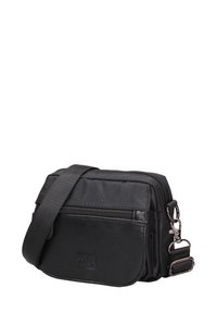 Borsa a tracolla nera caratterizzata da una combinazione di materiali lisci e testurizzati, numerosi scomparti con zip e una tracolla regolabile.