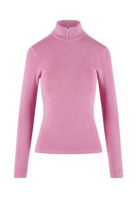 Rosa gestreifte Langarm-Turtleneck-Oberteil mit einem Halb-Reißverschluss. Es verfügt über ein tailliertes Design und eine glatte Textur, ideal zum Schichten.