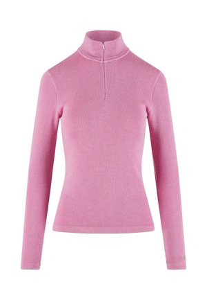 Roze geribbelde turtleneck top met lange mouwen en een halve rits. Kenmerken zijn het aansluitende ontwerp en de gladde textuur, geschikt voor lagen.