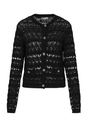 Cardigan tricotat negru cu un design din dantelă, mâneci lungi, decolteu rotund și butoane decorative pe partea din față. Finish texturat.