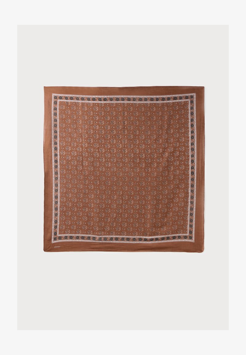 Foulard carré marron avec de petits motifs floraux et une bordure décorative en blanc et brun foncé.