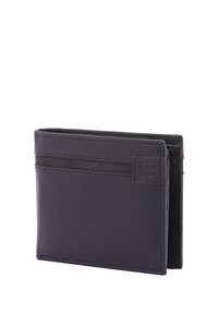 Zwarte leren portemonnee met een bi-vouw ontwerp, gladde textuur, subtiele branding aan de zijkant en meerdere kaartsleuven voor organisatie.