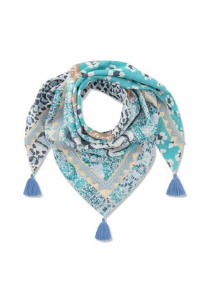 Écharpe triangulaire avec des motifs bleus, turquoise, beige et blancs, présentant des imprimés floraux et animaux, ornée de trois pompons bleus à chaque coin.