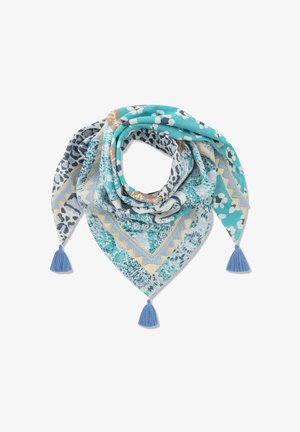 Driehoekige sjaal met blauw, teal, beige en witte patronen, voorzien van bloem- en dierenprints, afgewerkt met drie blauwe kwastjes aan elke hoek.