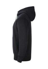 Sweat à capuche noir en mélange de coton doux, doté d'une poche kangourou, de poignets côtelés et de cordons de serrage, avec une texture lisse.