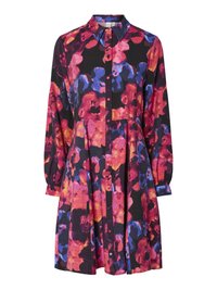 Black dress with vibrant pink, purple, and blue floral patterns. Features a button-down front, collar, and long sleeves with cuffs.