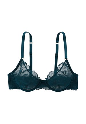 Soutien-gorge en satin et dentelle teal avec des bords en dentelle en forme de vagues, des bretelles réglables, des détails en métal doré et un motif floral sur les bonnets.