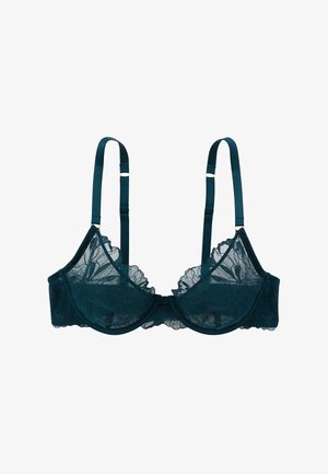 Soutien-gorge en satin et dentelle teal avec des bords en dentelle en forme de vagues, des bretelles réglables, des détails en métal doré et un motif floral sur les bonnets.