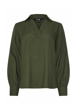 Blusa verde a maniche lunghe realizzata in tessuto leggero. Presenta un collo a V, dettagli di cucitura sottili e maniche a palloncino con polsini aderenti.