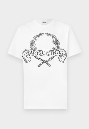 Wit katoenen T-shirt met een zwart geïllustreerd ontwerp van laurier takken en een lint met de tekst "Moschino". Korte mouwen.