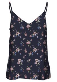 Camisole fleurie en bleu marine avec un décolleté en V, présentant divers motifs floraux roses et bleus sur un tissu léger. Bretelles spaghetti réglables.