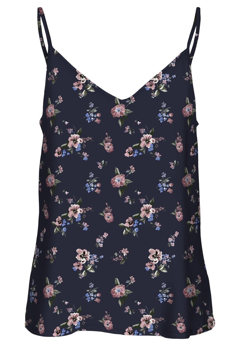 Camisole fleurie en bleu marine avec un décolleté en V, présentant divers motifs floraux roses et bleus sur un tissu léger. Bretelles spaghetti réglables.