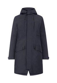 Parka impermeável azul marinho com capuz, dois bolsos frontais e fecho frontal completo. Apresenta cordões no capuz e detalhes em botão nas mangas.