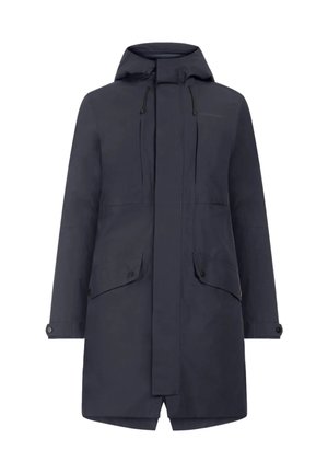 Navy waterproof parka with a hood, two front pockets, and a full front zip. Features drawstrings at the hood and button details at the sleeves.