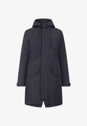 Marineblauer wasserdichter Parka mit Kapuze, zwei Seitentaschen und einem durchgehenden Reißverschluss. Mit Kordelzügen an der Kapuze und Knopfdetails an den Ärmeln.