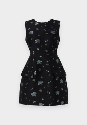 Robe noire avec imprimé floral en bleu et vert. Design sans manches, silhouette ajustée, avec deux poches à rabat au niveau des hanches.
