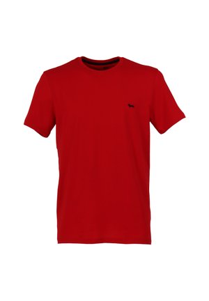 Rode katoenen T-shirt met korte mouwen, voorzien van een ronde hals en een klein marineblauw logo op de linkerborst. Glad materiaal, casual pasvorm.